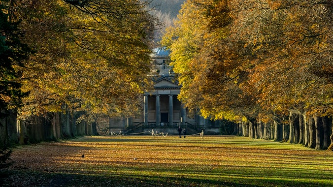 A chapel with big white columns in the middle of orange leaved oak trees